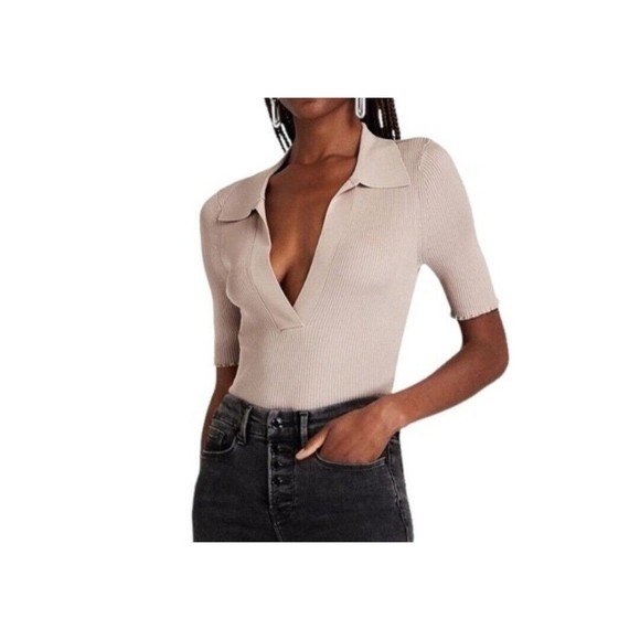 Good American Plaited  Ribbed Polo top in Mink001  Beige Size 2 US M New - Picture 1 of 9